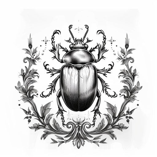 Tattoo sketch of a beetle with detailed engraving and historical elements in a classical clipart style