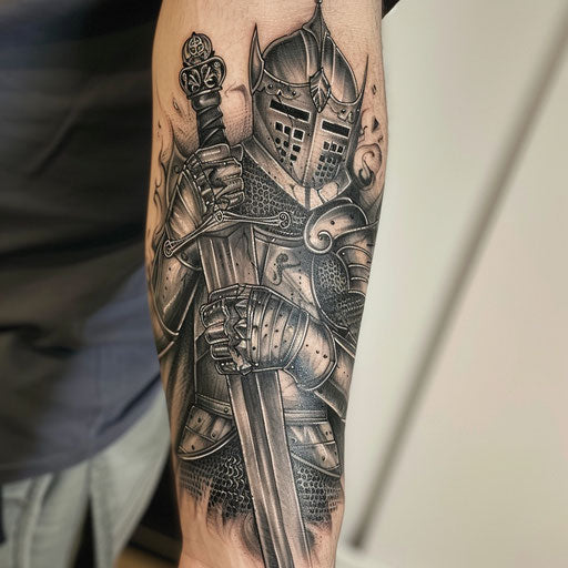 Tattoo of king in knight armor with black and gray shading