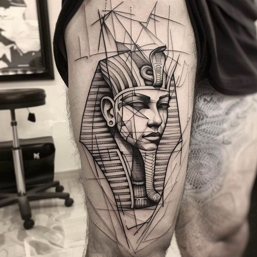 Bold flat tattoo sketch of a pharaoh with a fierce expression and sharp lines