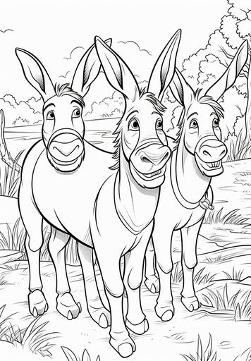 Two donkeys in a row coloring page, animated gif style