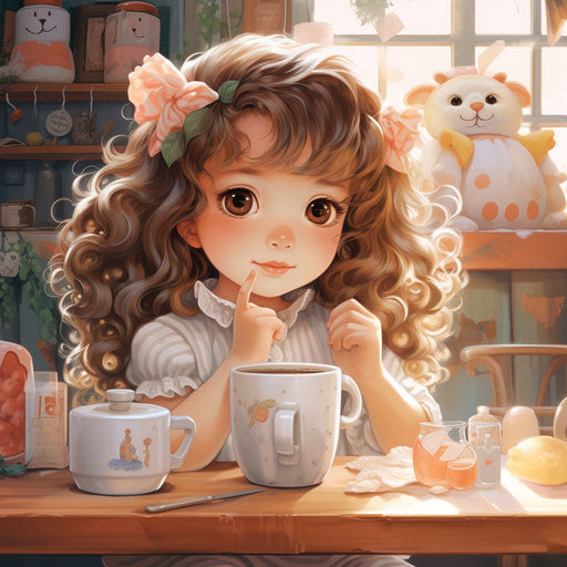 Little girl drinking coffee in front of table, dolly kei style, cute and dreamy