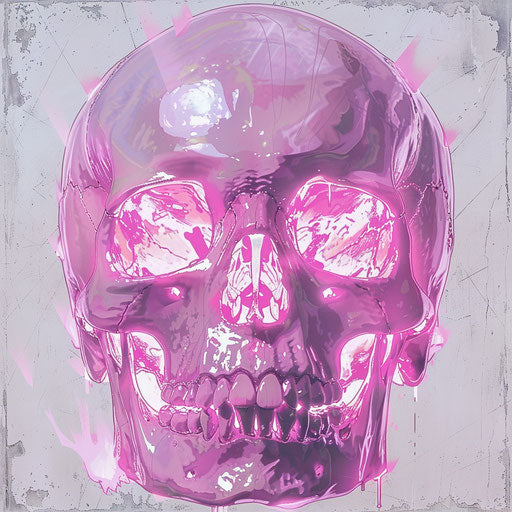 Pink skull on gray background, Tim Hildebrandt style, shiny eyes