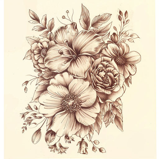 Vintage-inspired floral tattoo sketch in sepia tones on white