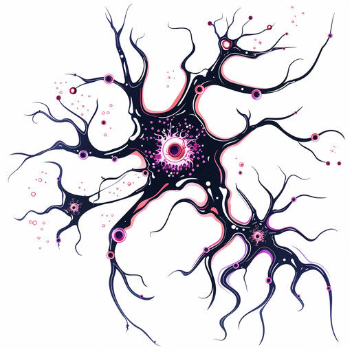 Flat clipart style tattoo sketch of a neuron with bright purple and pink synaptic terminals
