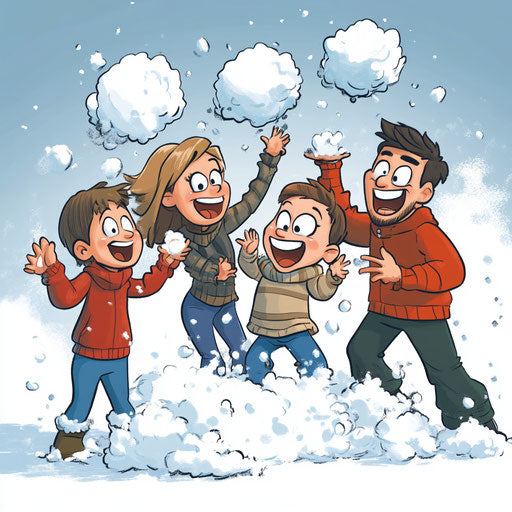 Cartoon family in snowball fight with comic touches
