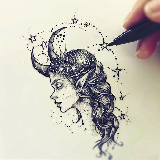 Sketch of mythical Virgo constellation tattoo with mythical creatures