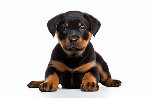 Rottweiler puppy on white background, orange and black style, naturecore, highly gendered, bold colors, strong emotional impact
