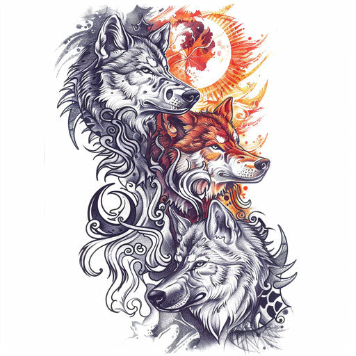 Wolves chasing sun and moon in Norse mythology-inspired tattoo