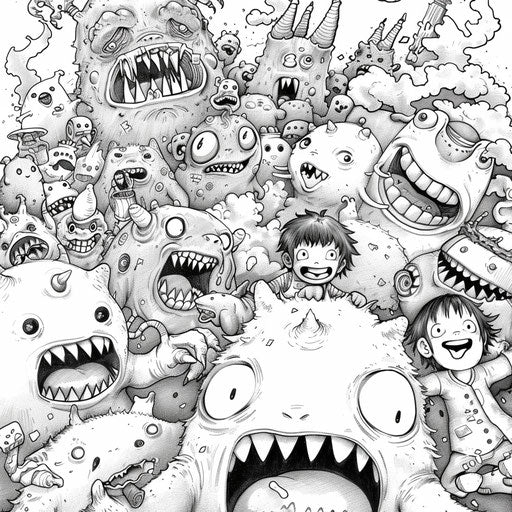 Friendly monsters having fun in the style of Mamoru Hosoda