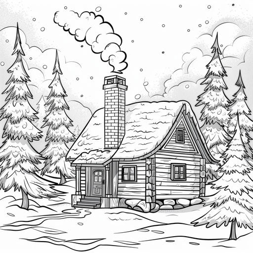 Cozy winter chalet with smoke and snowy pine trees