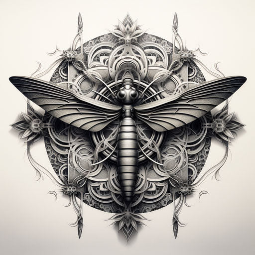 Stylized dragonfly in escher-inspired graphite, maori art