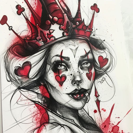 Queen of Hearts in Alice in Wonderland themed tattoo design