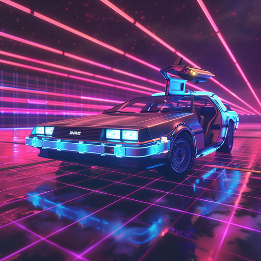 DeLorean DMC-12 racing on neon digital grid