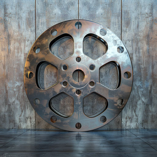 Film reel with realistic metallic sheen on random background