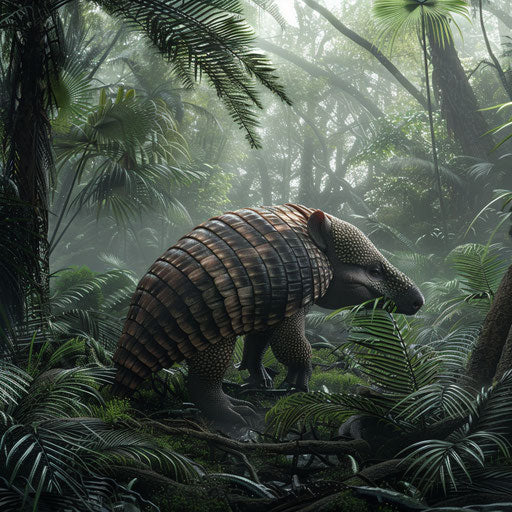 An armadillo wandering in a dense, fog-covered rainforest