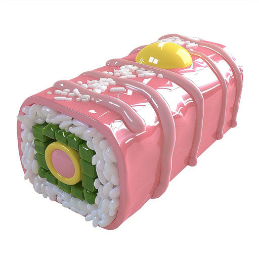 Pink sushi roll with yellow egg and green bamboo