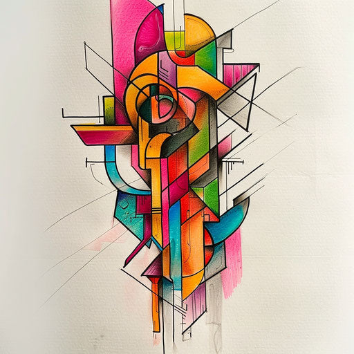 Colorful abstract tattoo sketch of a fragmented key
