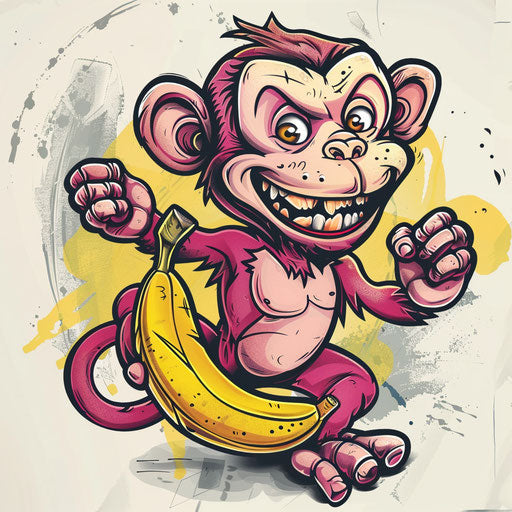 Mischievous monkey with banana, colorful tattoo on white canvas