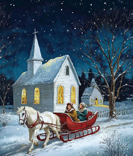 White horse pulling an old red sleigh with two people inside