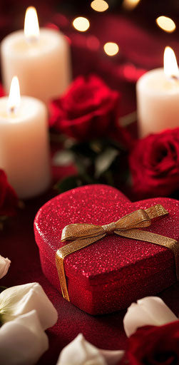 Red heart box with golden ribbon, white candles and roses