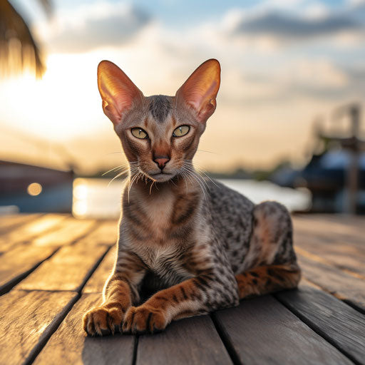 Oriental shorthair cat lying on a dock