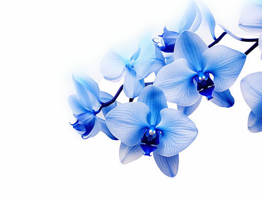 Blue orchid flowers isolated on white background, in the style of tamron sp 70-200mm f/2.8 di vc usd g2