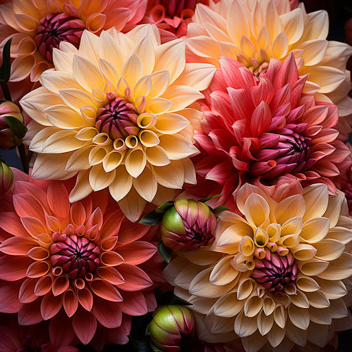 Color-buffered dahlia flowers, dark yellow and light pink