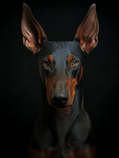 Doberman with strong contours, dark blue and brown