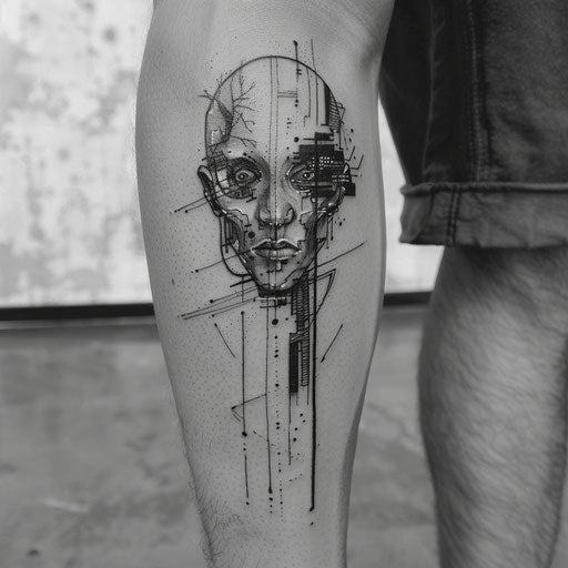 Depression tattoo with cyberpunk motifs, in the style of Adrian Smith