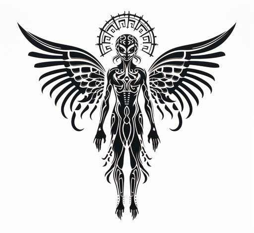 Black angel on white background, bold wings