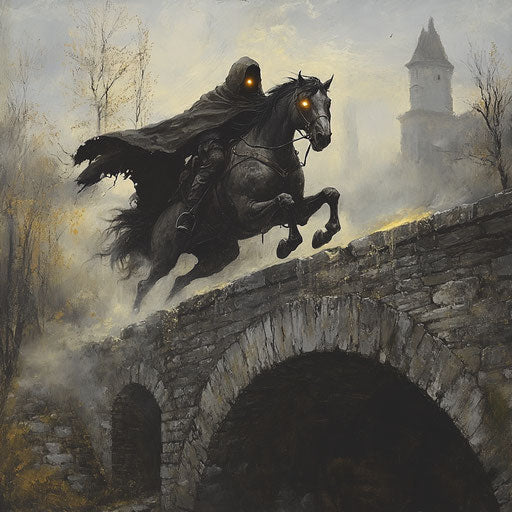 Ghostly headless rider on ancient stone bridge