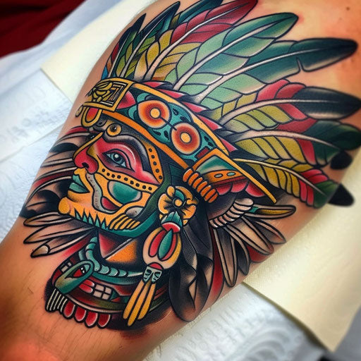 Colorful Aztec warrior tattoo art
