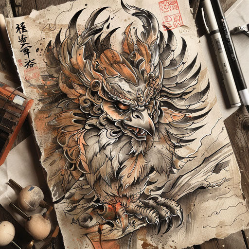 Rustic tattoo sketch of a Tengu using earthy tones