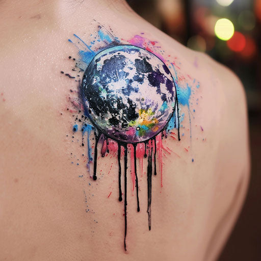 Vibrant flat tattoo sketch of a full moon in watercolor