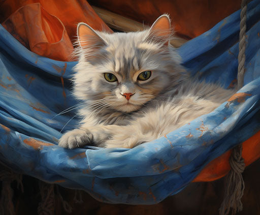 Kitten with blue stripes in a light beige and silver hammock