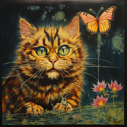 Louis Wain cat staring at an insect