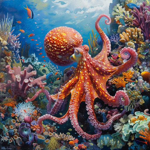 An octopus in a colorful coral garden, playfully interacting with other marine creatures.