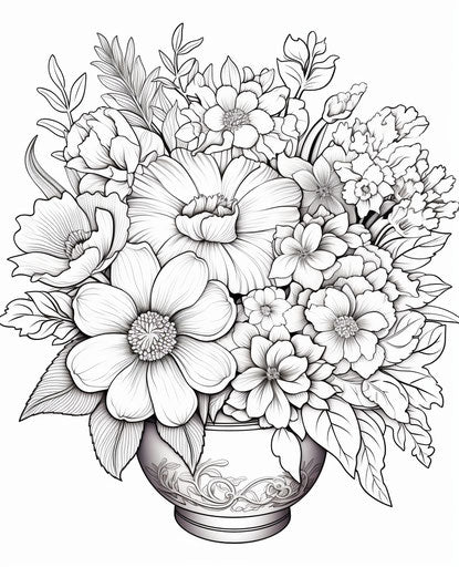 A bucket of flowers in an adult coloring page, highly realistic, soft 25:31