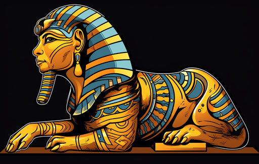 An Egyptian king: sphinx swiveling in style of graphic black outlines, graceful poses, historical illustration, colorful cartoon