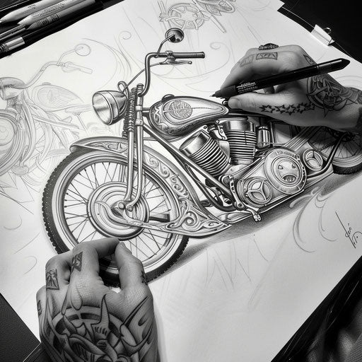 Sketch of a Chicano art lowrider bicycle tattoo, detailed and stylish
