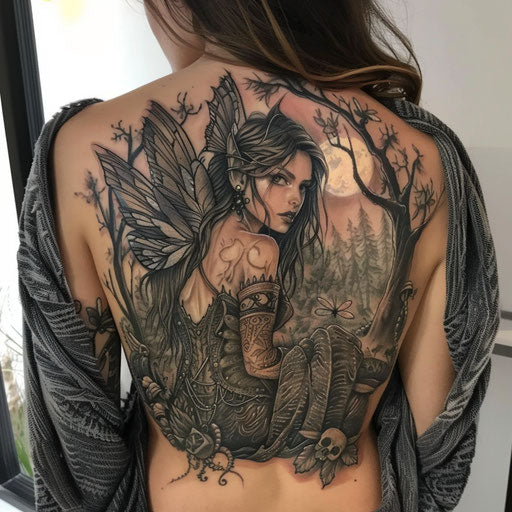 Fantasy back tattoos with fairies and enchanted forests