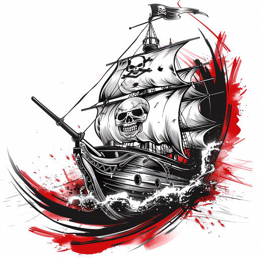 Bold tattoo sketch of a pirate ship with fierce red and black colors, featuring a skull flag, clipart style