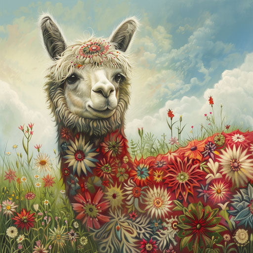 Artistically-patterned alpaca in a wildflower meadow