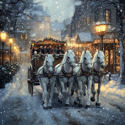 White horses pulling a decorated wagon through a charming village square