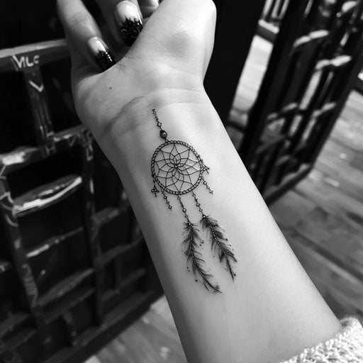 Sketch of a delicate dreamcatcher tattoo with feathers and beads