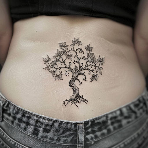 Spiritual tattoos of a tree of life, inspired by Maria Sibylla Merian, lower back