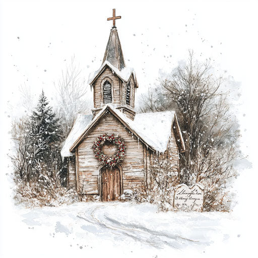 Old country church with heart wreath and cross, snow, vintage colors, soft watercolor painting