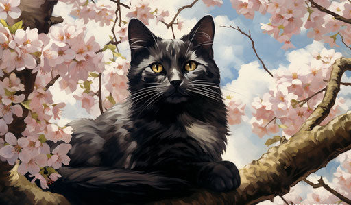 Cat sniffs cherry tree blossom, trad goth style, bloomcore