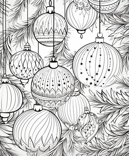Christmas coloring page with ornaments and snowflakes, realistic yet stylized 5:6