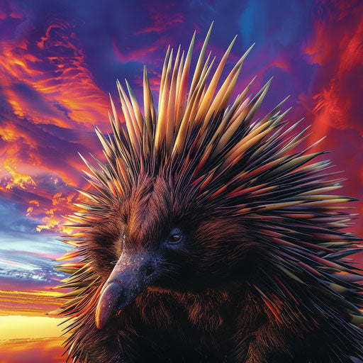 Echidna against a colorful sky, dynamic and vibrant, in the style of Tim Flach